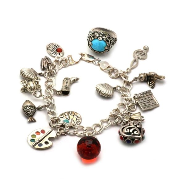 Vintage 925 Silver Gems Multi Charm Bracelet Ring